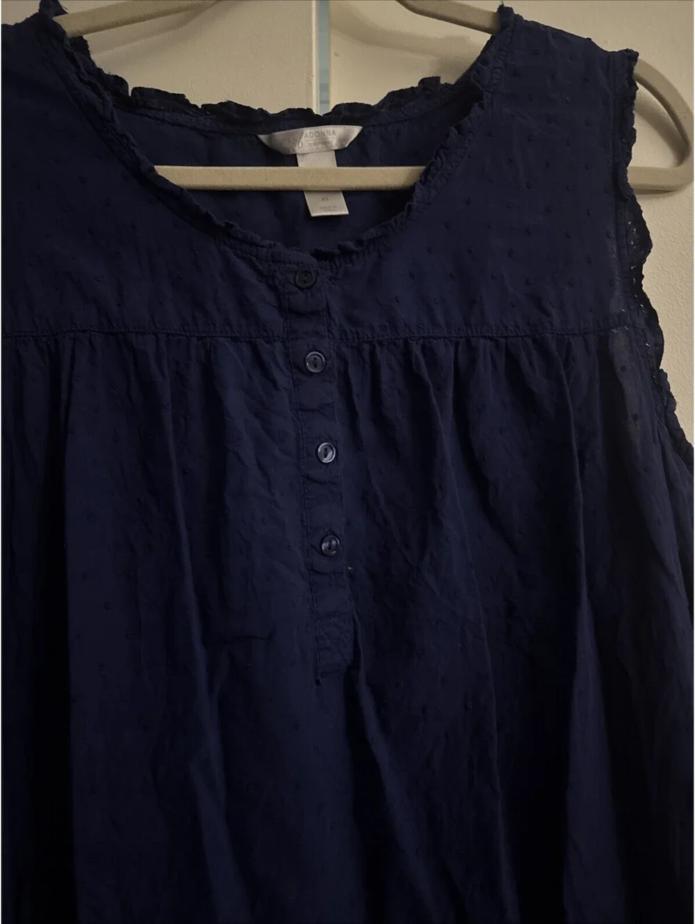 Adonna Sleepwear Navy Blue Sleeveless Nightgown XL Ruffle Scoop Neck Button